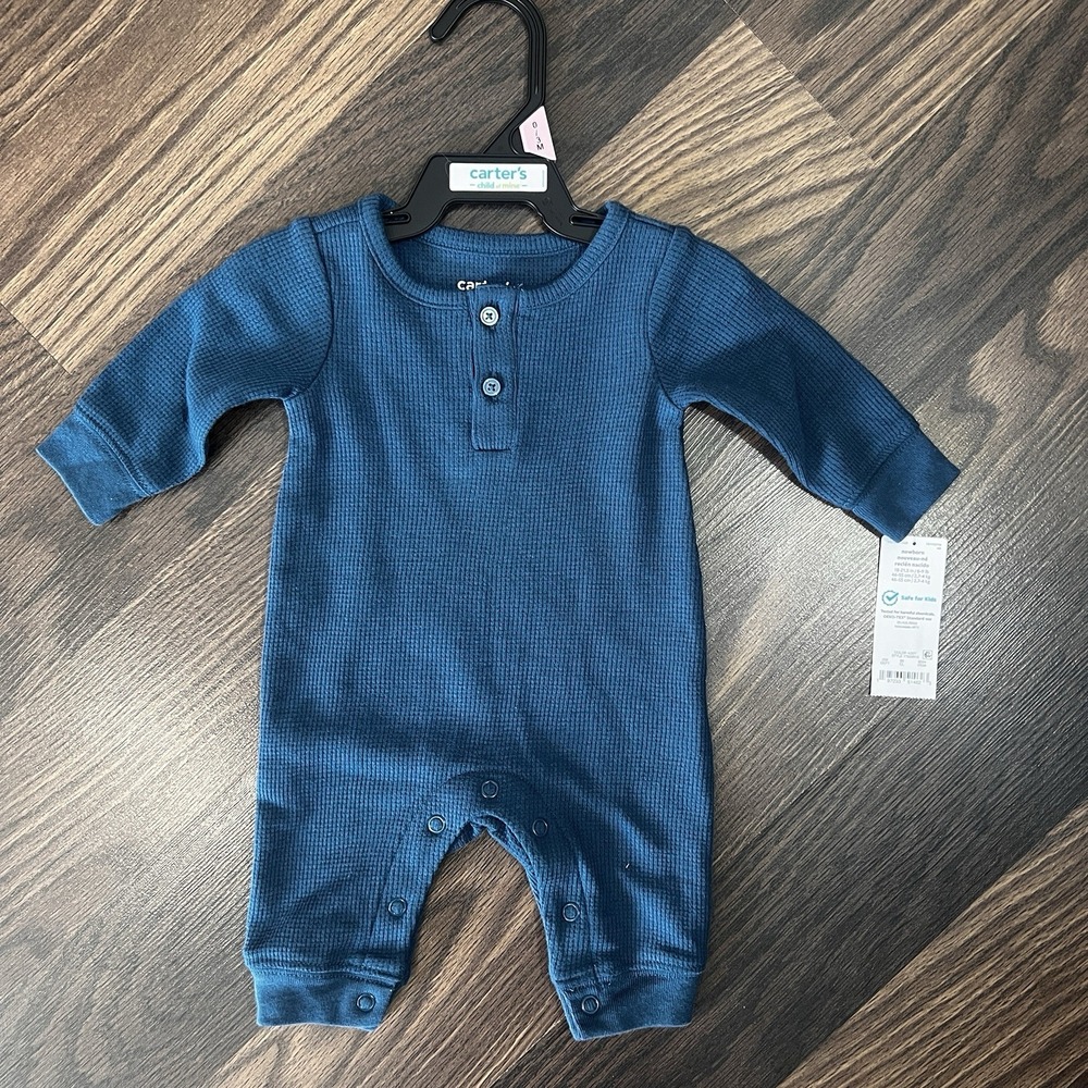Carters Newborn Boys Long Sleeve Thermal Body Suit Dark Teal Snap Button Waffle